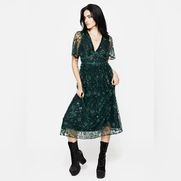 Disturbia Glimmer Embroidered Sequin Lace Angel Sleeve Midi Dress - Picture 4 of 14